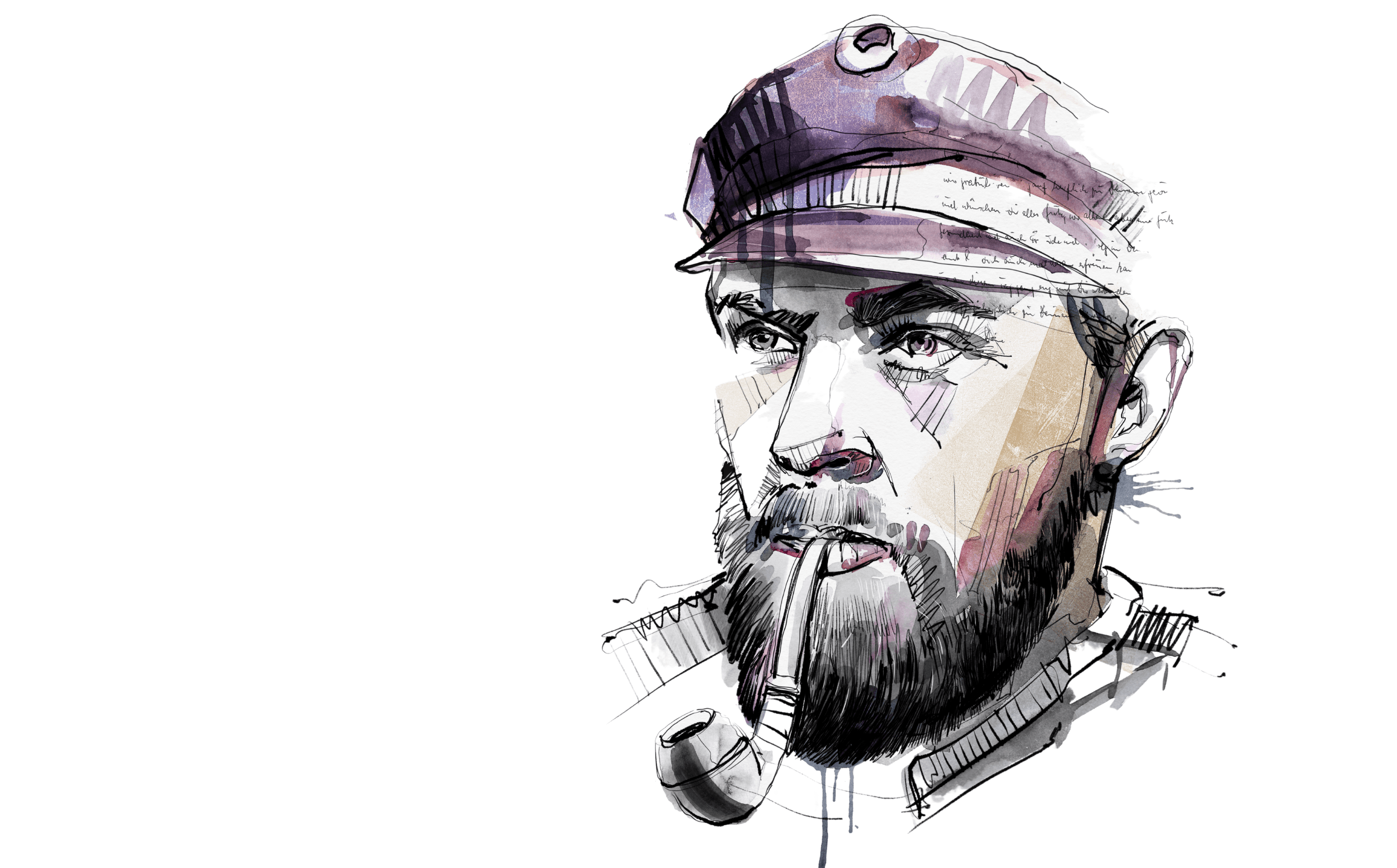 Watercolour portrait of a bearded barber with ink splashes